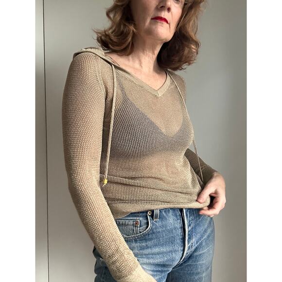 Michael Michael Kors Mesh Sheer Gold Hoodie Sweater Knit Size XS - Picture 6 of 12